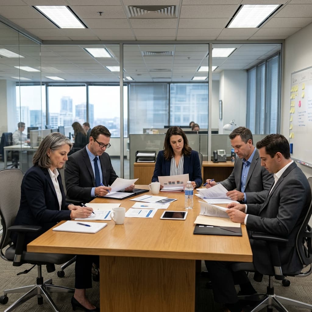 Professionals in business attire reviewing documents around a meeting table in a modern corporate office.