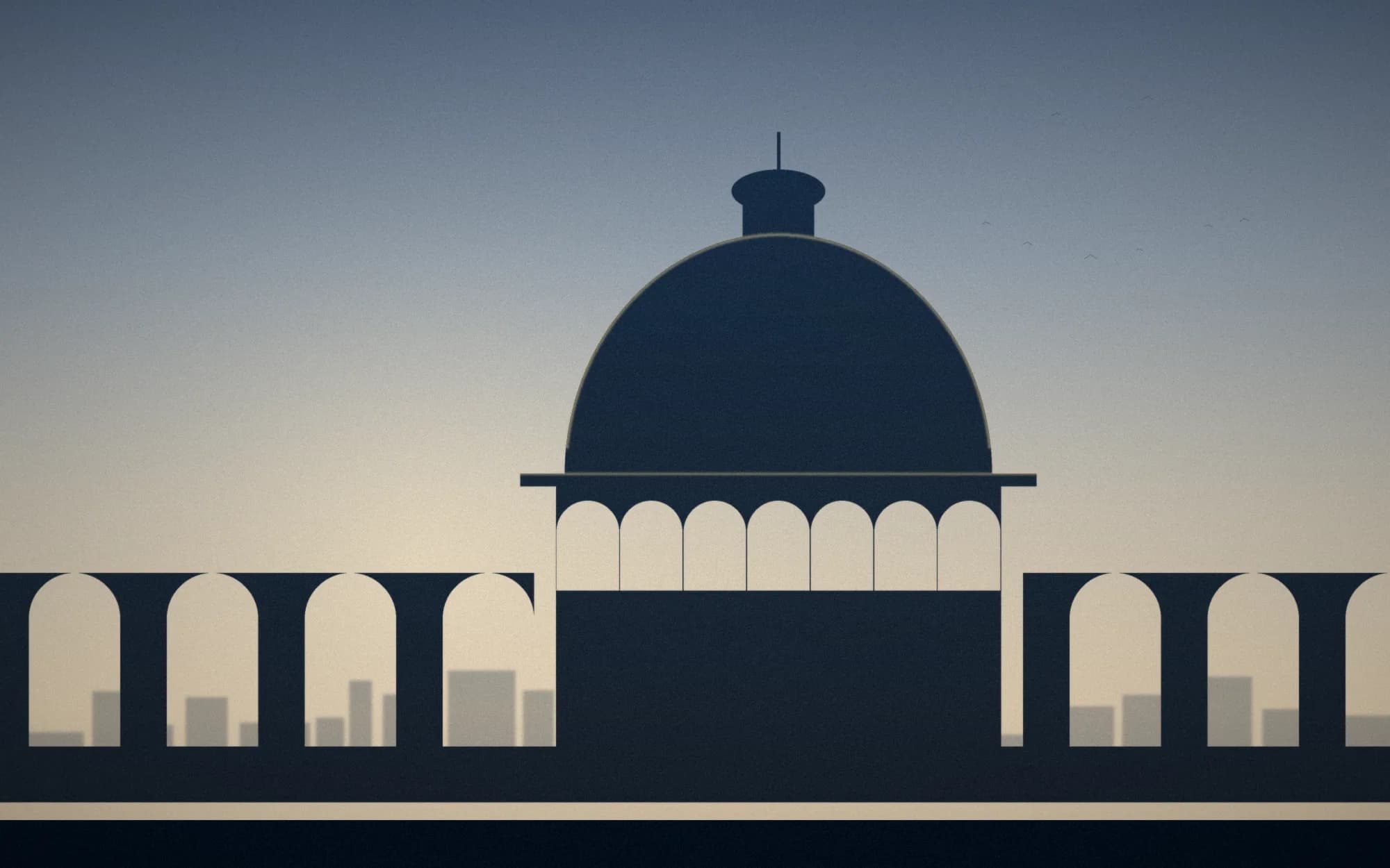 A domed rotunda flanked by arcaded wings, seen against an early morning sky.