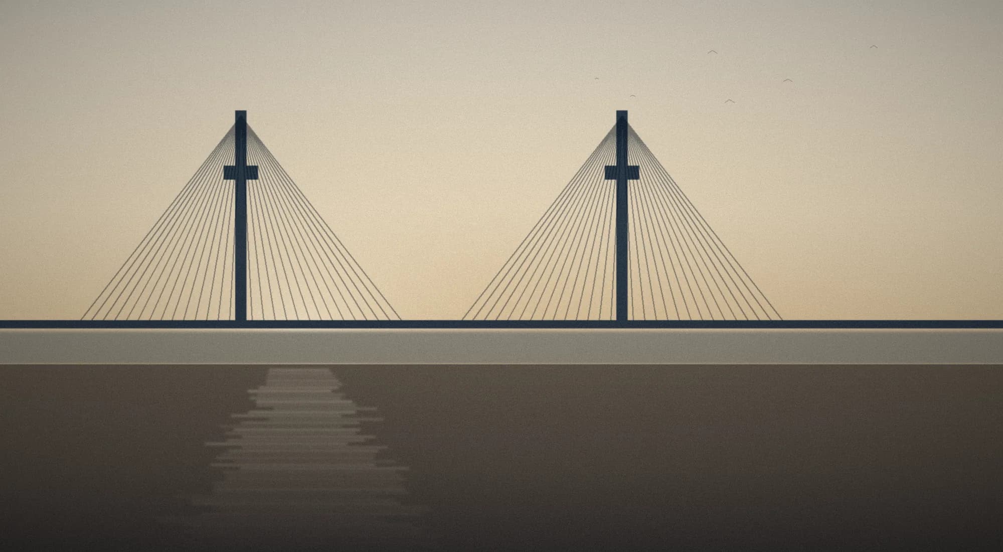 A cable-stayed bridge crossing still water at dusk.