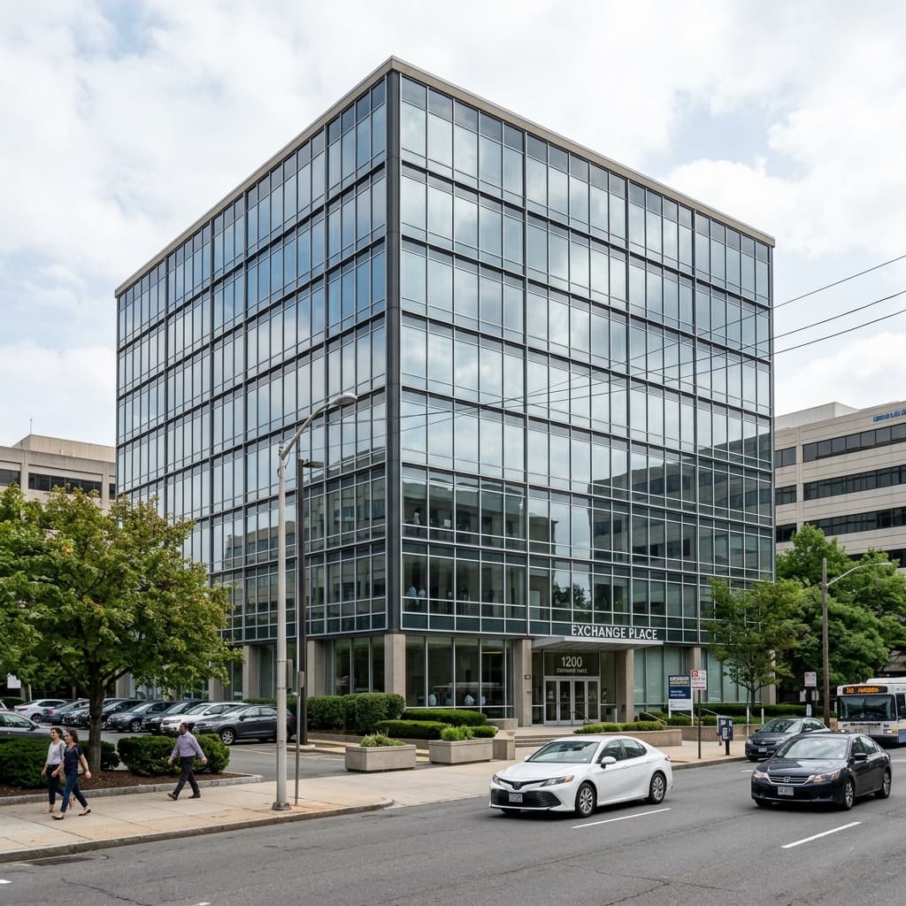 A modern, glass-facade corporate office building in a financial district.