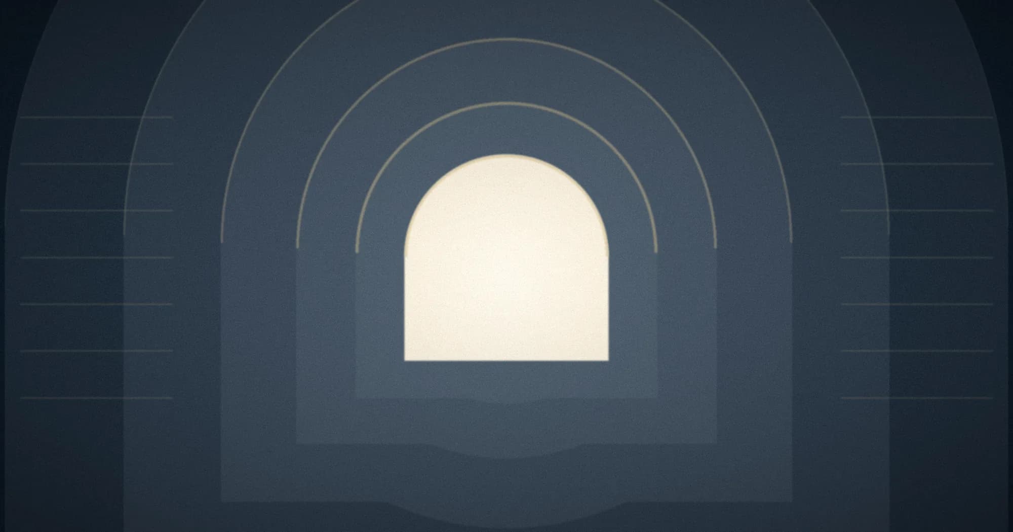 A vaulted corridor of receding arches opening onto light at its far end.